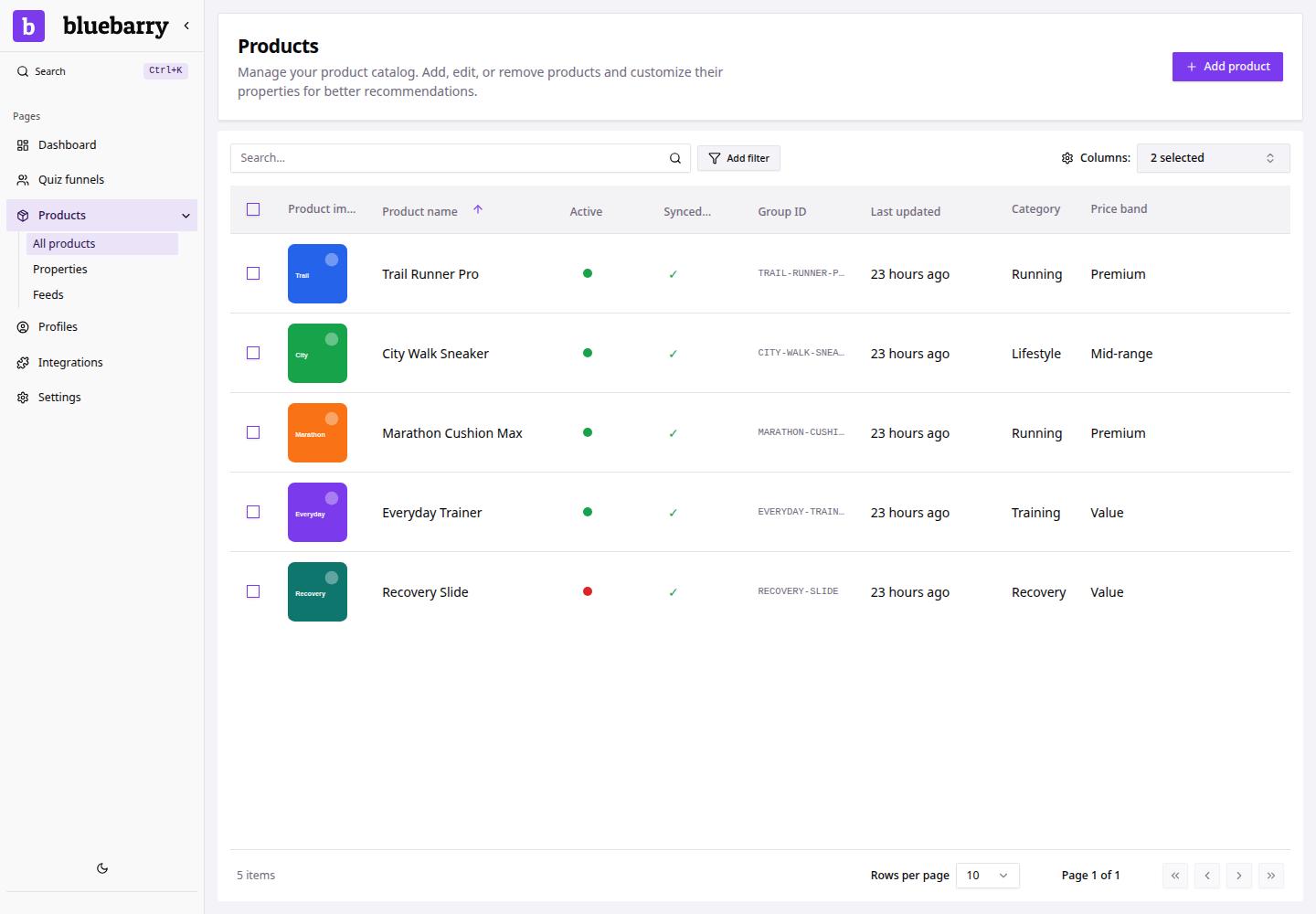 Products page showing a catalog table with product rows and property columns.