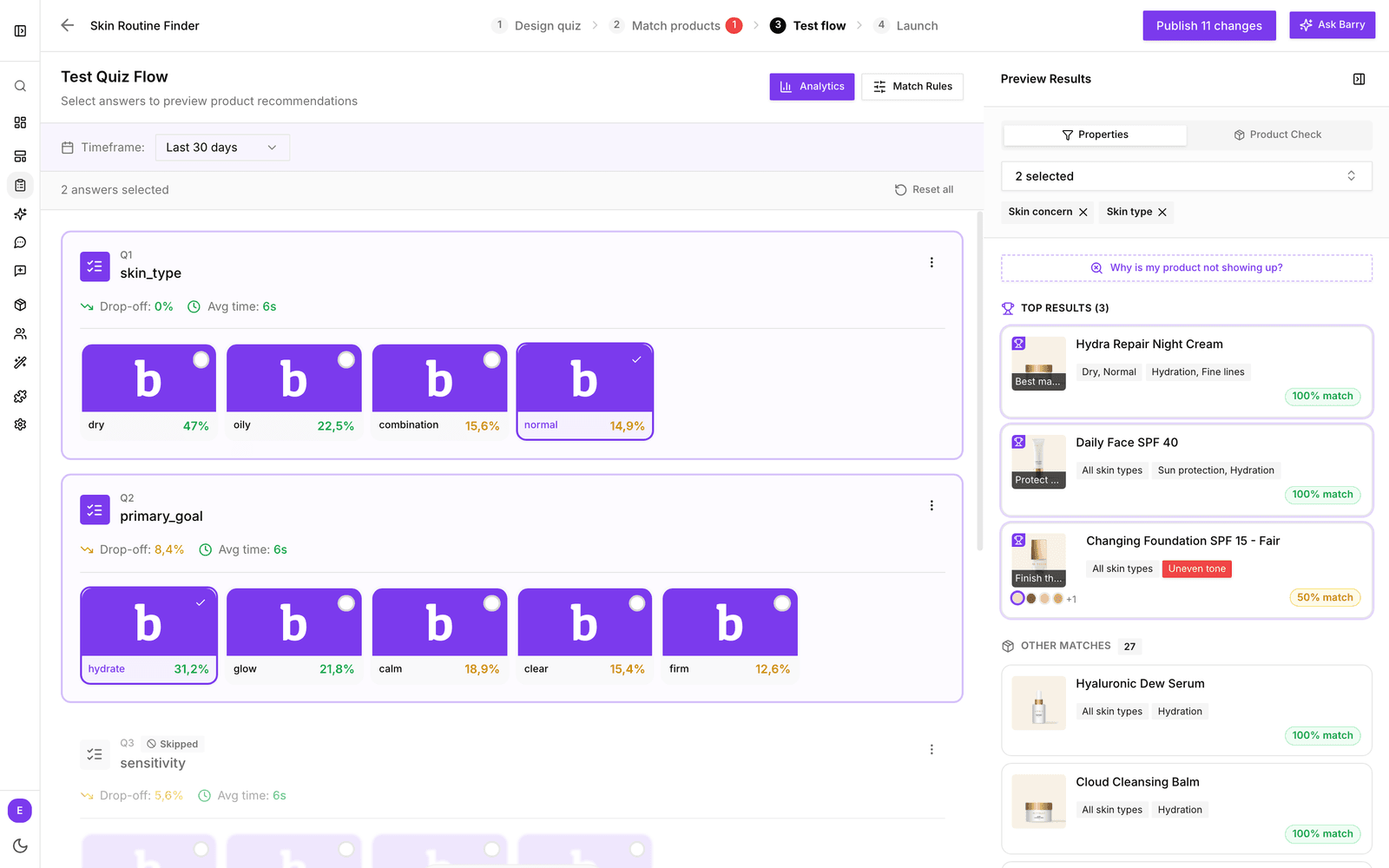 De stap Test flow met links één gekozen antwoord en rechts Top Results en Other Matches onder Preview Results