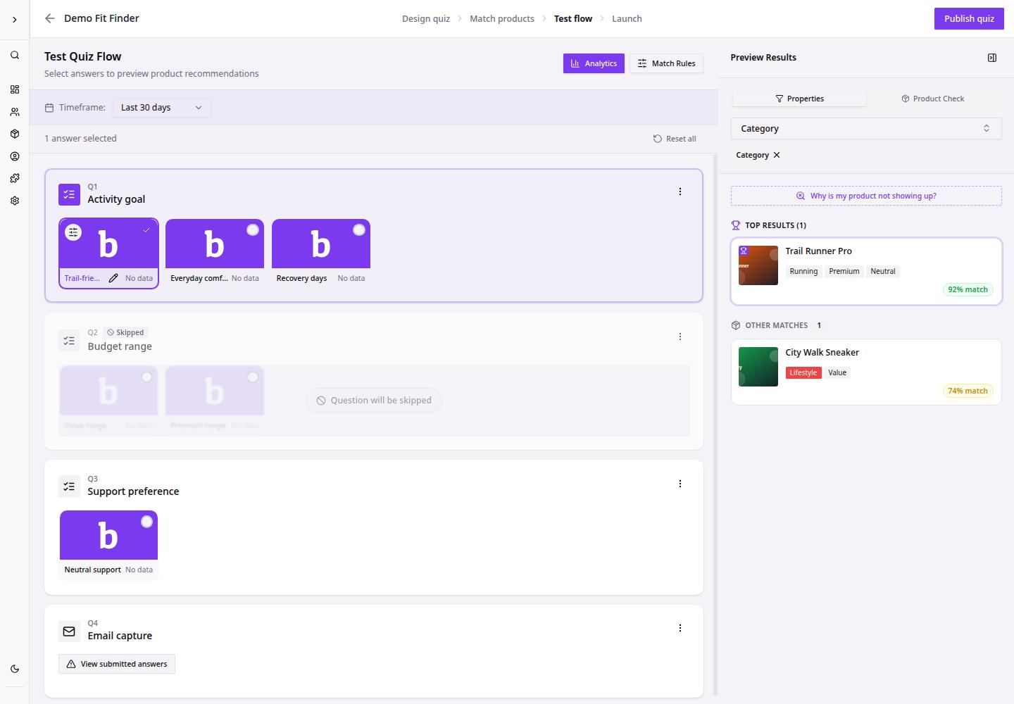 Test flow workspace showing selected answers and preview results.