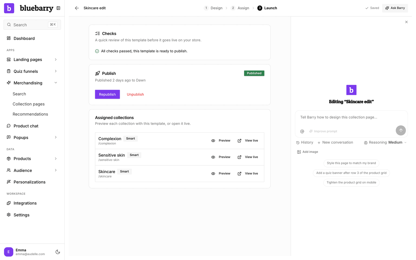 Der Tab Launch einer veröffentlichten Vorlage mit bestandenen Checks, dem Badge Published und einer Liste zugewiesener Kollektionen mit Preview und View live