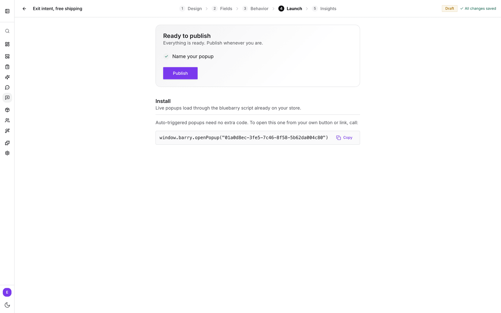 The Launch tab showing Ready to publish, the completed checklist, the Publish button and the Install section