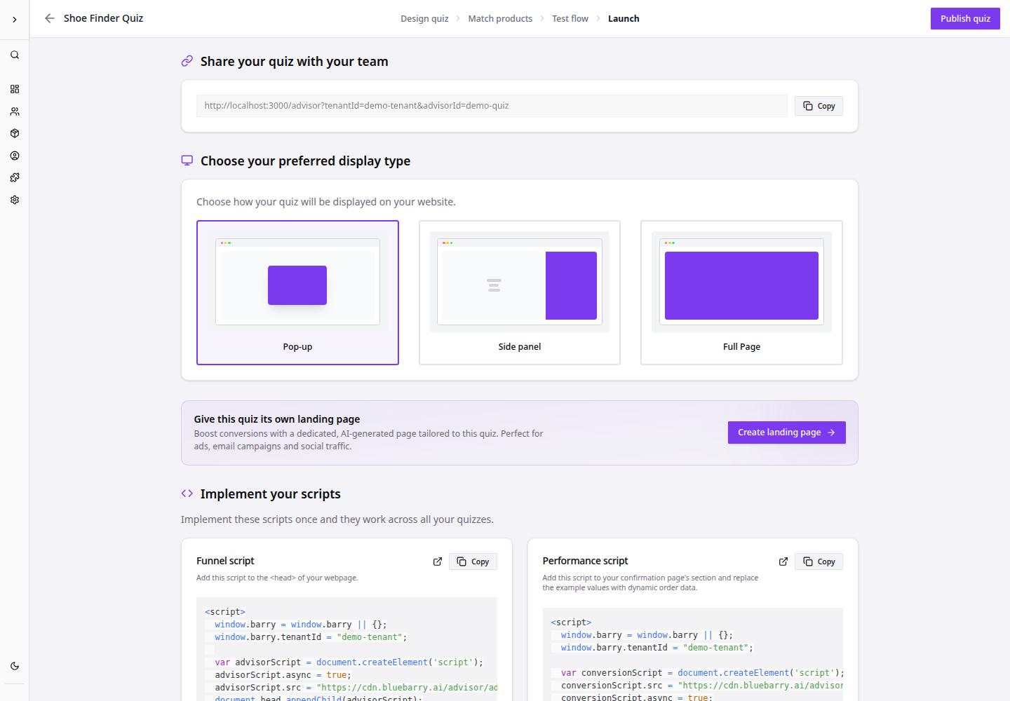 Launch tab showing publishing and sharing options for a quiz funnel.