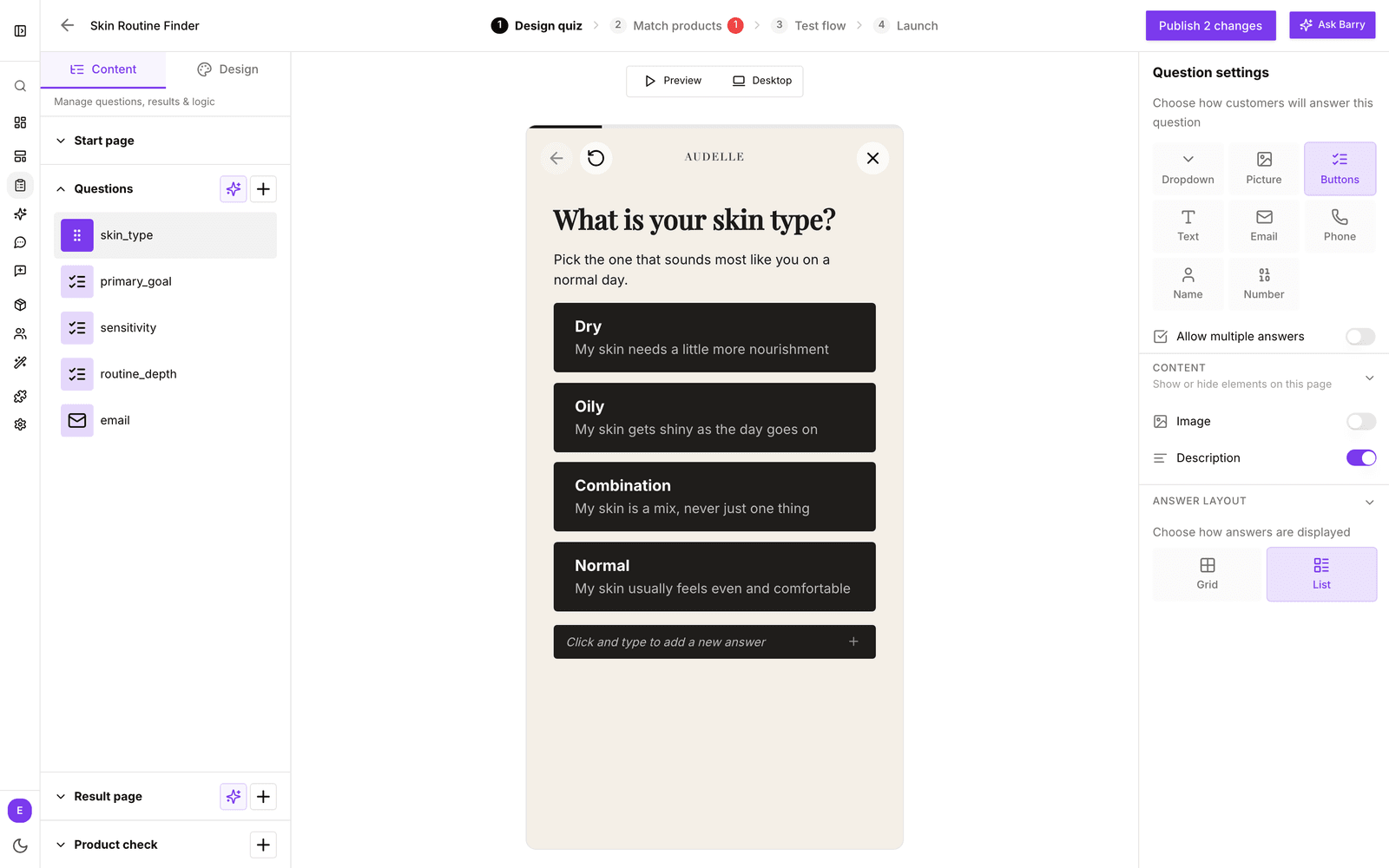 De stap Design quiz met het Content-paneel links, de quizpreview in het midden en Question settings rechts