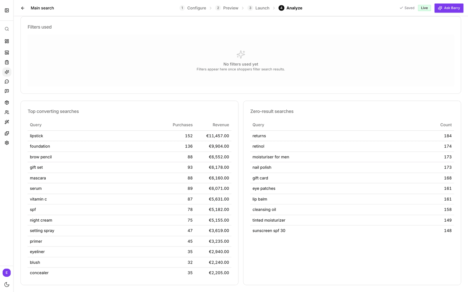 Die Tabellen Top converting searches und Zero-result searches nebeneinander im Schritt Analyze