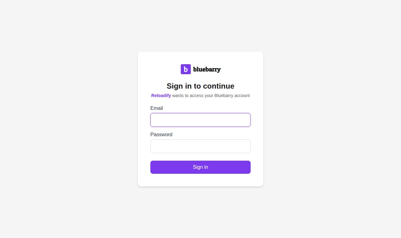 Reloadify OAuth sign-in screen for BlueBarry authorization.