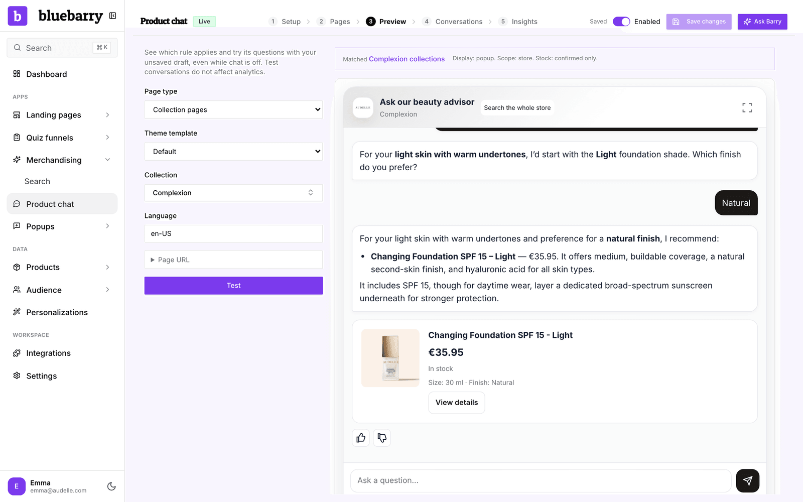 The Preview step testing a collection page, with the matched rule above the chat and product cards in the answer
