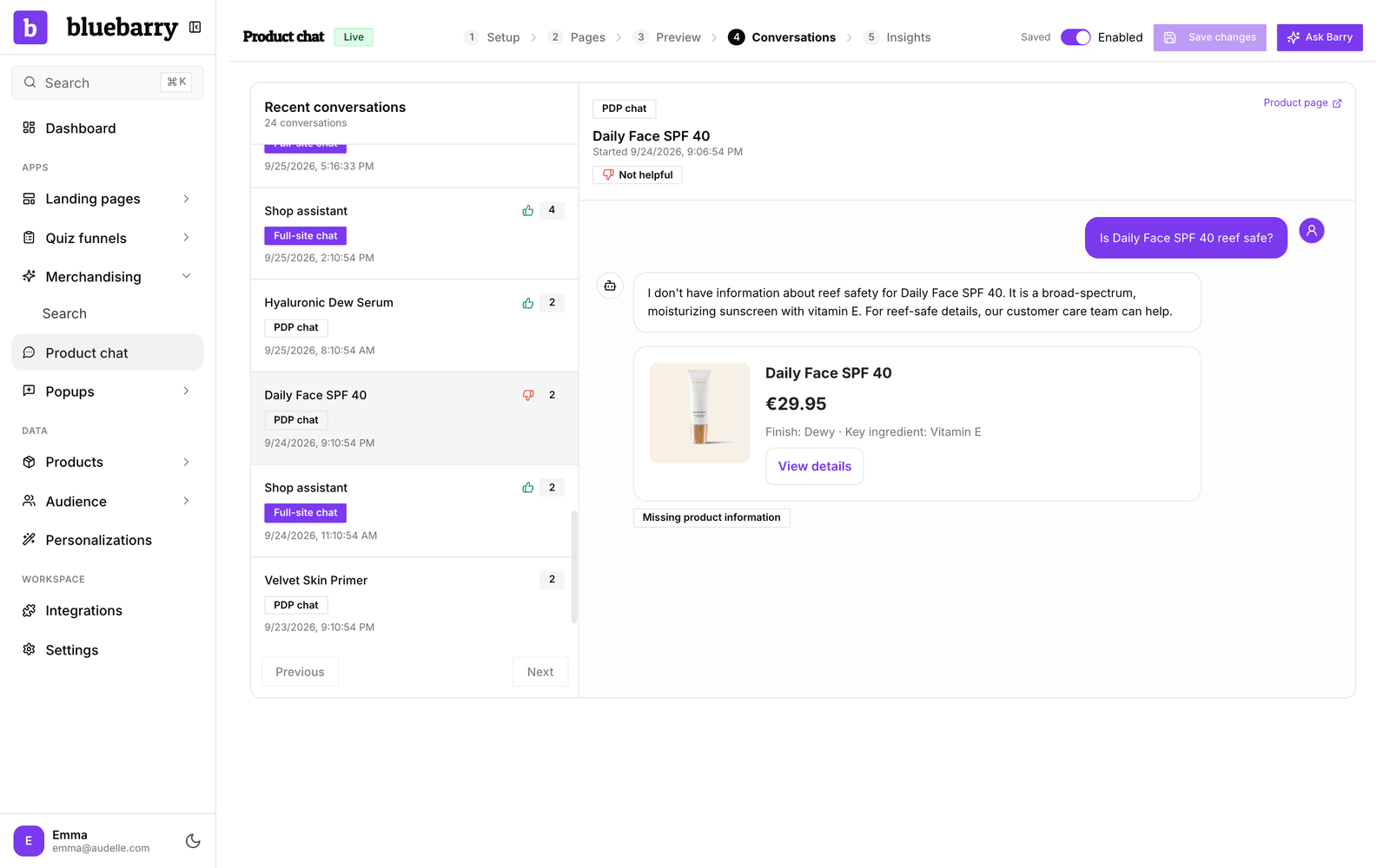 The Conversations step with the list of recent chats and one transcript open, showing product cards and a Missing product information badge