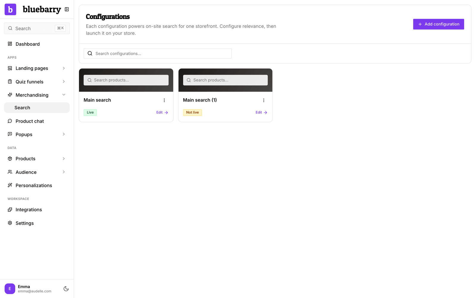 The Configurations page under Merchandising, Search, with two configuration cards, one marked Live