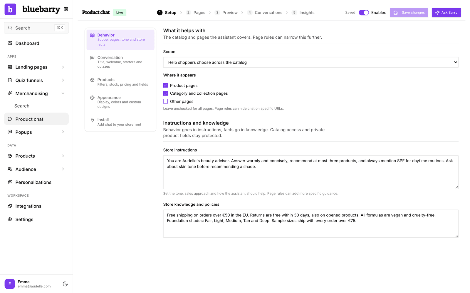 The Behavior section of product chat setup, with the scope, the page types and the store instructions