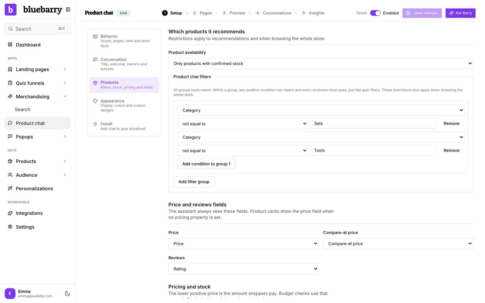 The Products section of product chat setup, with product availability, filters and the product knowledge field list