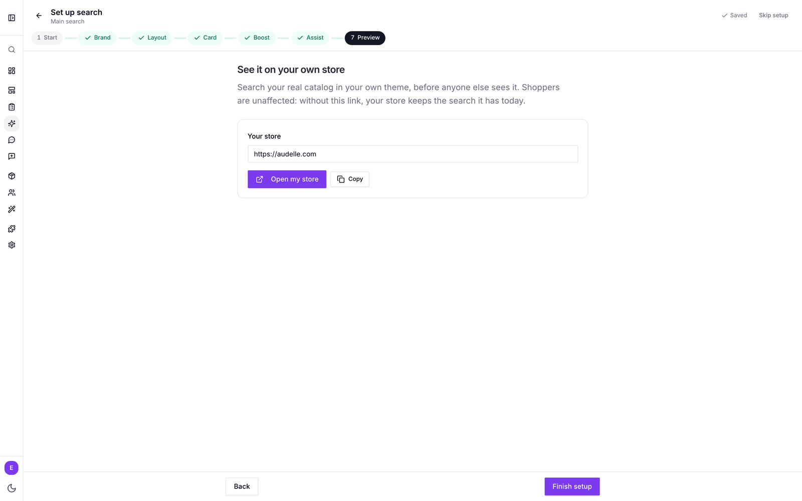 The Preview step with the store address filled in and the Open my store button