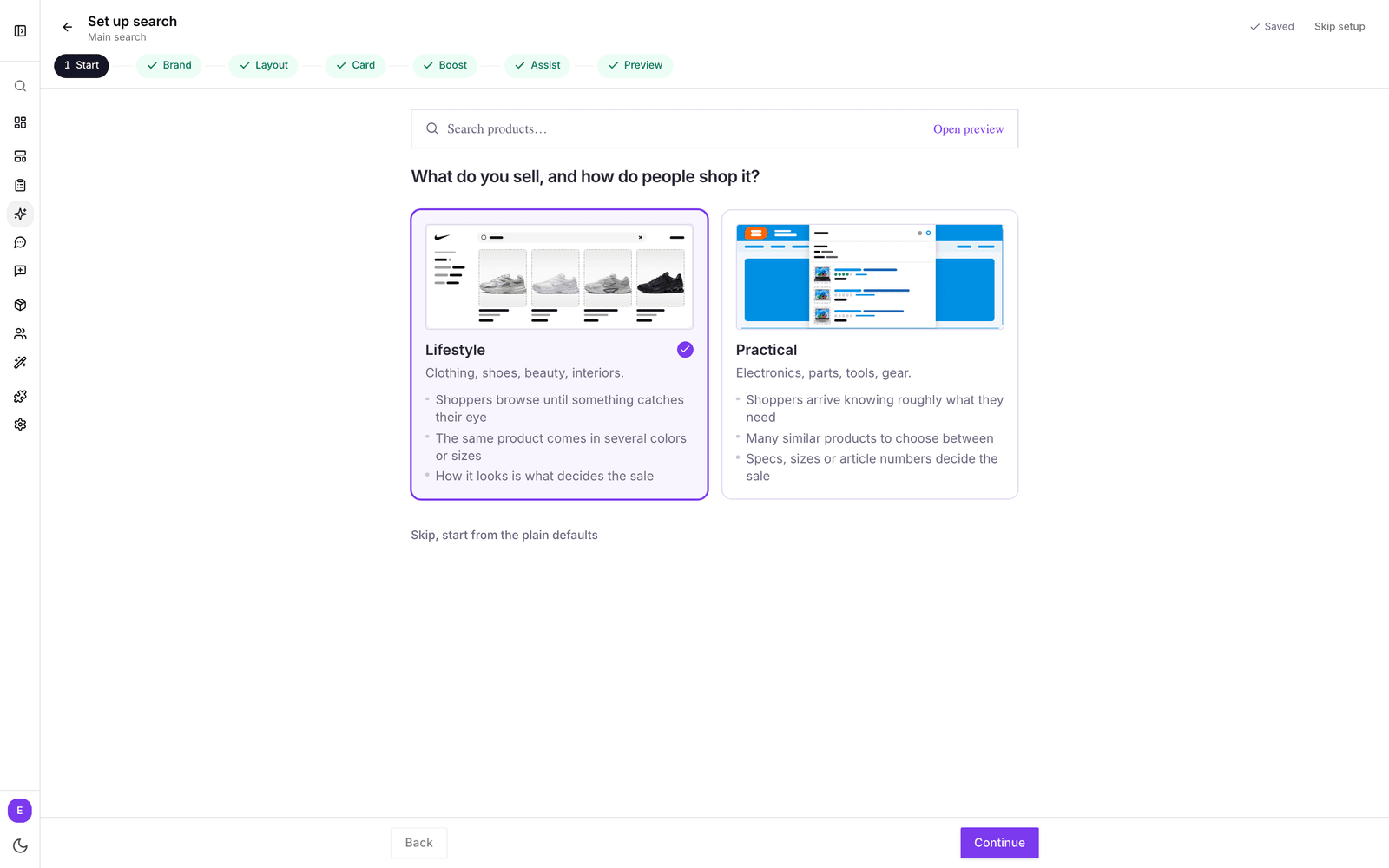 The Start step of the search setup with the Lifestyle and Practical starting points side by side
