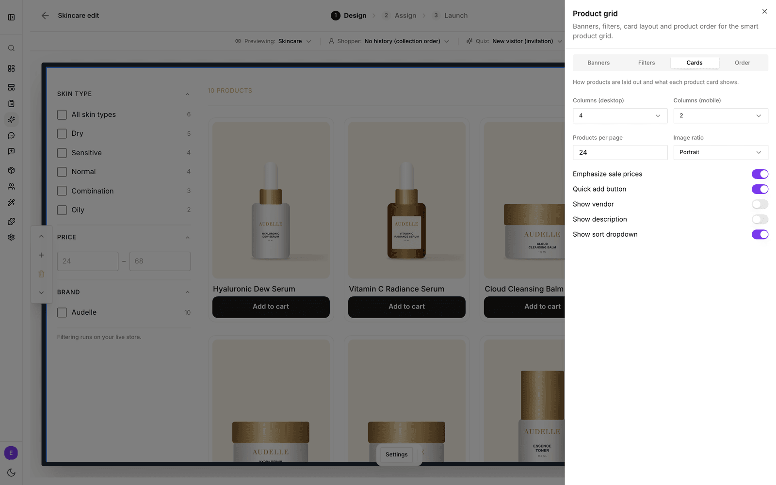 Das Panel Product grid im Tab Cards neben der Arbeitsfläche, mit vier Spalten auf dem Desktop und eingeschaltetem Quick add