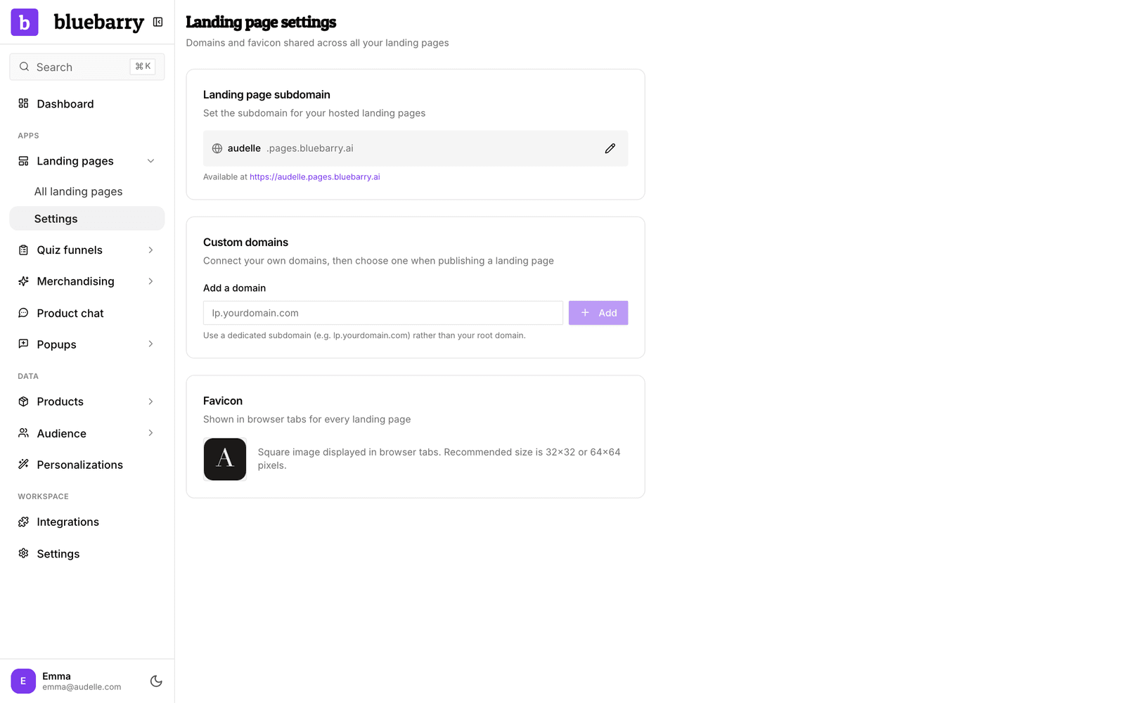Landing page settings with the Favicon, Landing page subdomain and Custom domains cards