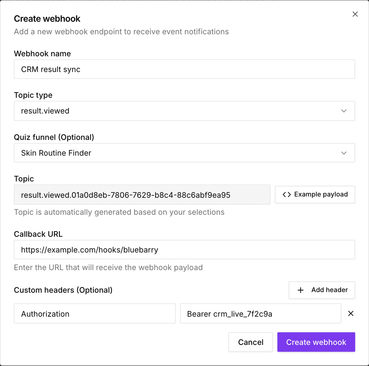Formulier Create webhook met Webhook name, Topic type, Quiz funnel, Callback URL en Custom headers
