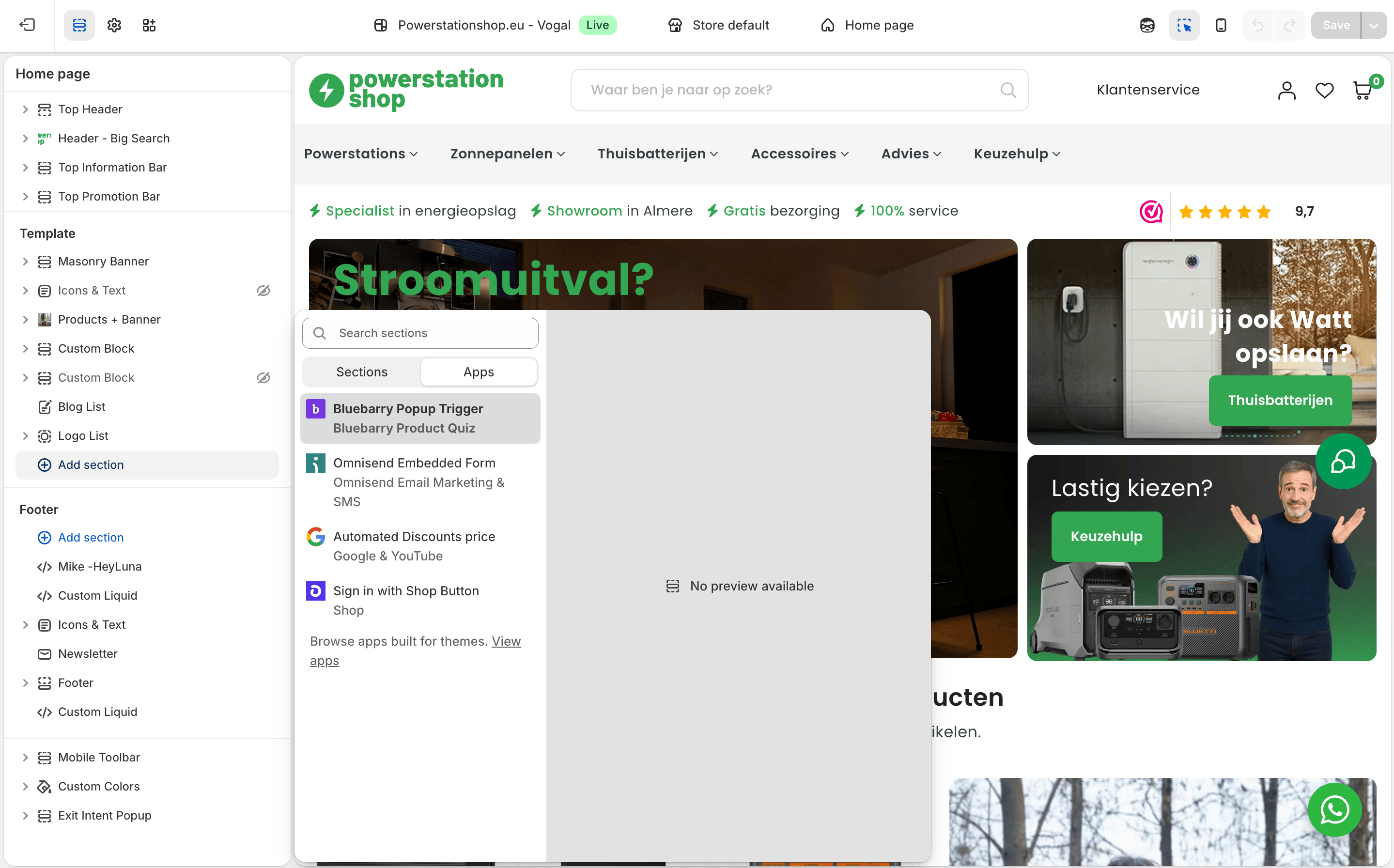 Het menu Add section in de Shopify-thema-editor op de tab Apps met Bluebarry Popup Trigger in de lijst