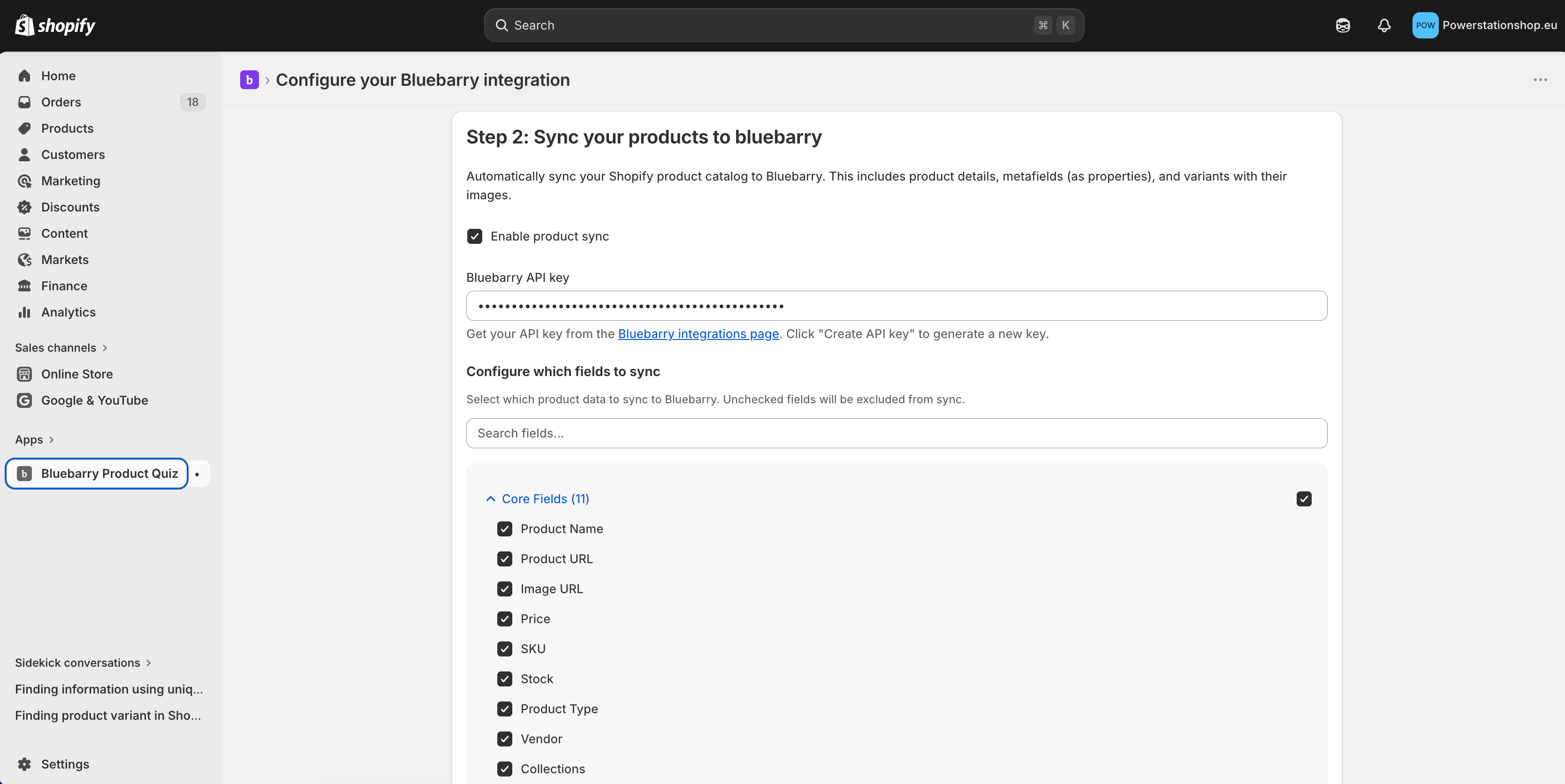 De kaart Product sync in de bluebarry Shopify-app met Enable product sync aangevinkt en de core fields in een lijst