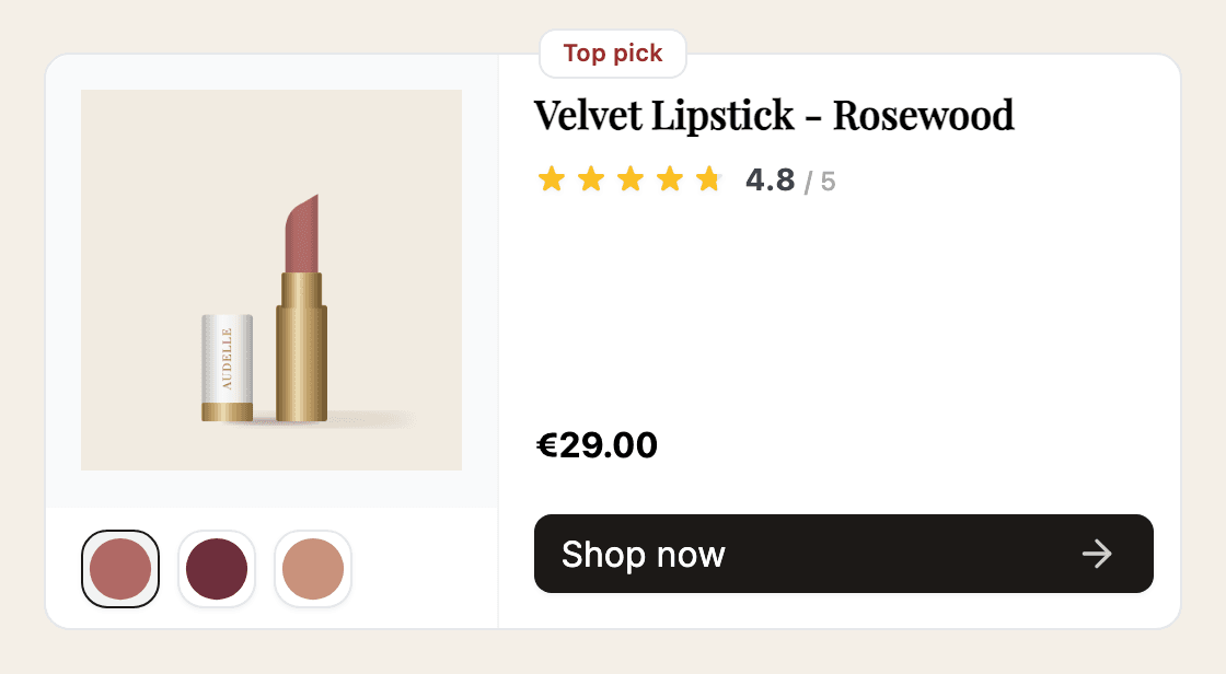 Een resultaatkaart van een quiz met een rij variantswatches onder de productafbeelding