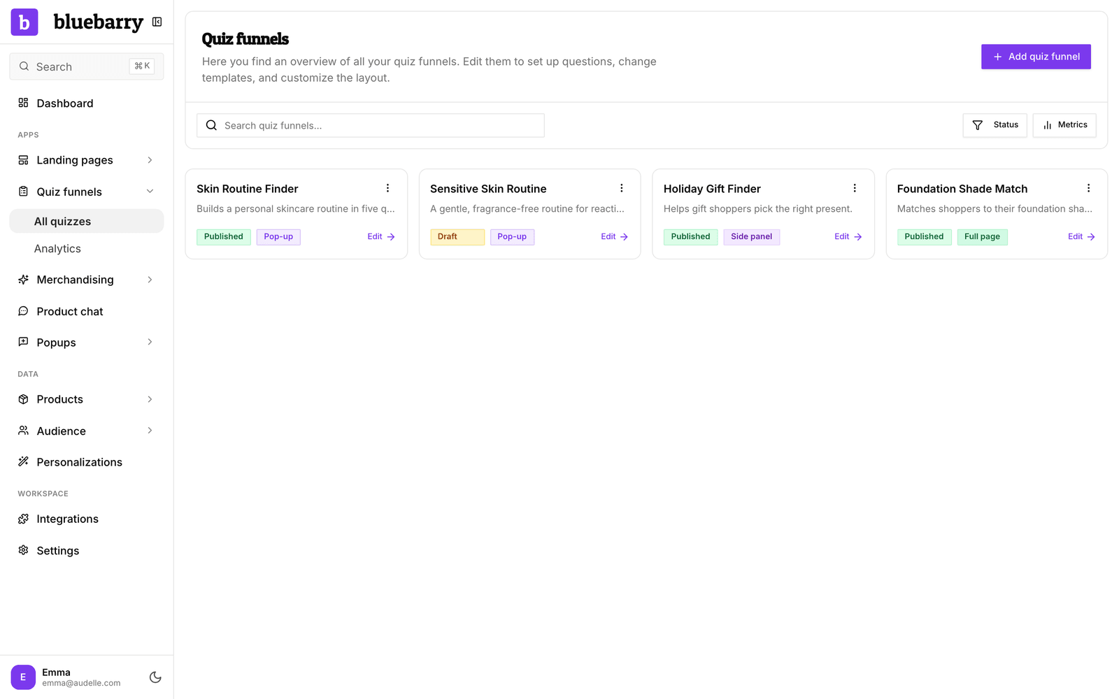 De pagina Quiz funnels met quizkaarten en rechtsboven de knop Add quiz funnel