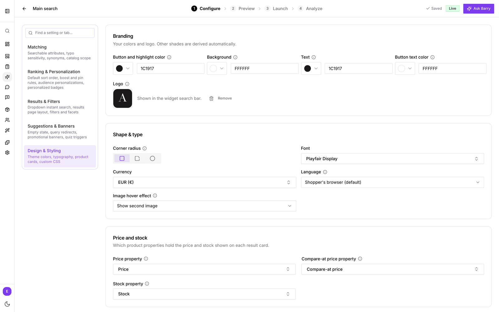 Der Bereich Design & Styling mit Markenfarben und Logo links und dem Live-Such-Widget rechts