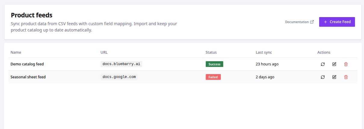 Product feeds table showing successful and failed sync statuses.