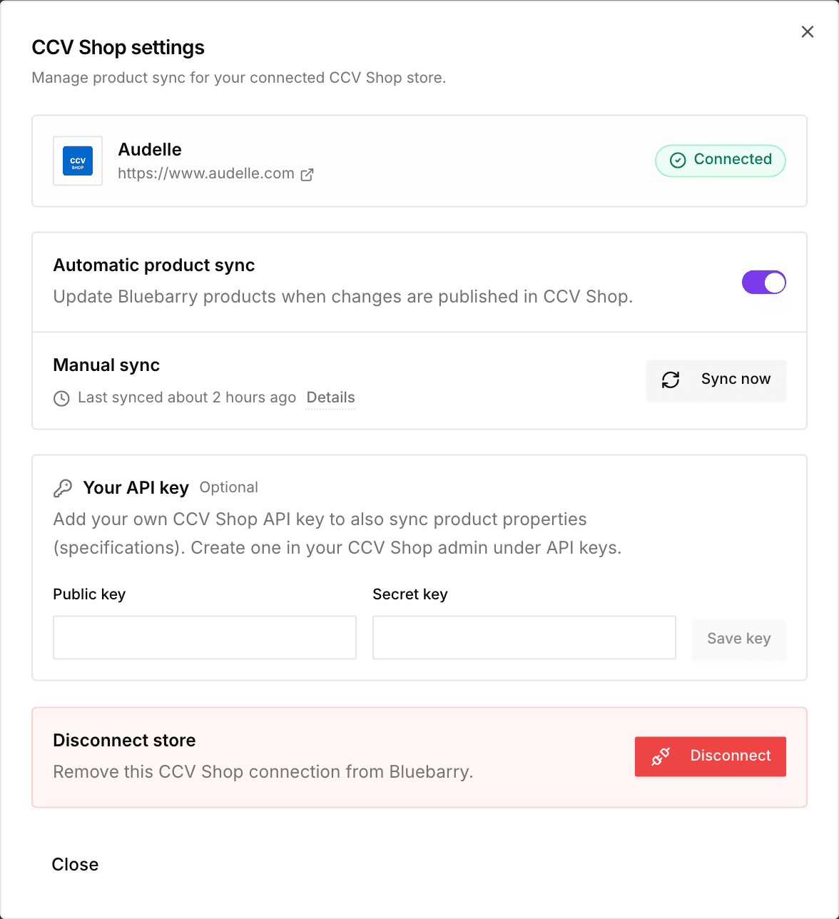 Het venster CCV Shop settings met een gekoppelde webshop, Automatic product sync, Manual sync, Your API key en Disconnect store
