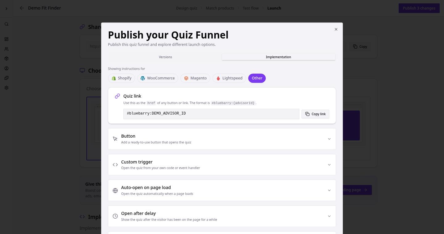 Test Your Storefront Quiz screen in BlueBarry.