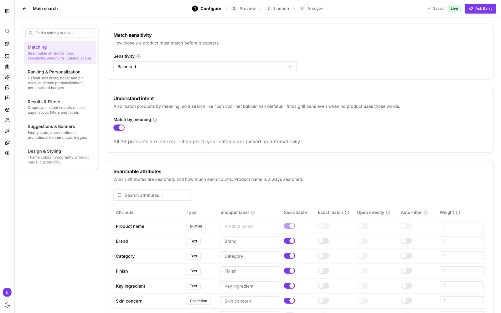 The Matching section with match sensitivity set to Balanced, Match by meaning switched on, and the searchable attributes table