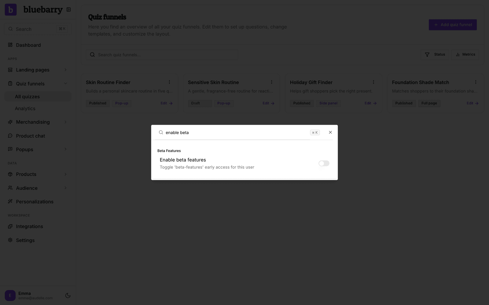 Zoeken in Studio met enable beta ingetypt en daaronder de schakelaar Enable beta features