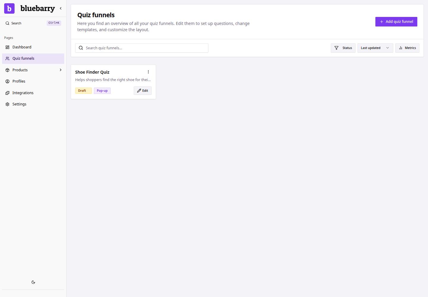 Quiz funnels page with one safe demo quiz.
