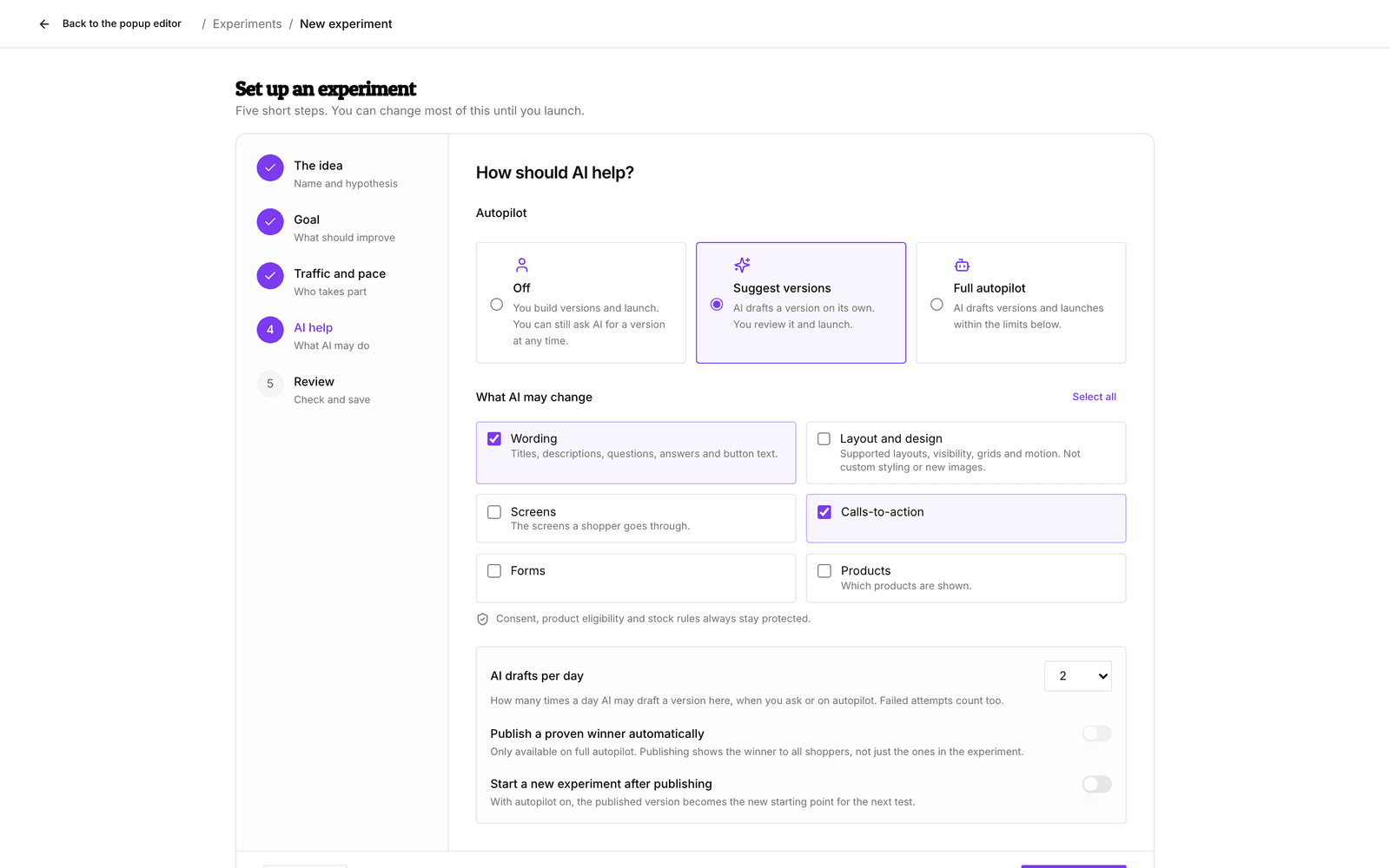 The How should AI help step with the three Autopilot modes, the list of what AI may change and the AI drafts per day setting.