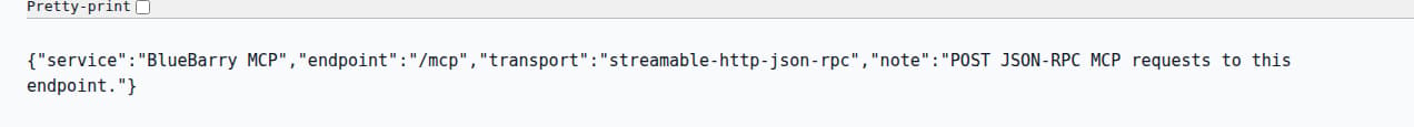 BlueBarry MCP endpoint response.