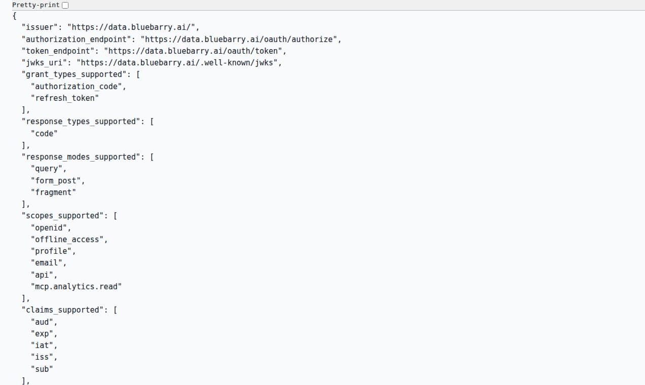 BlueBarry OAuth authorization server metadata response.