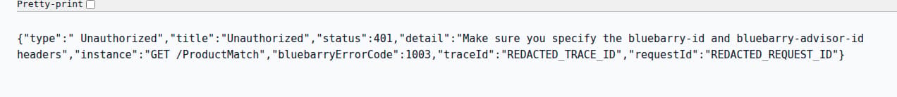 ProductMatch endpoint response showing required BlueBarry headers.
