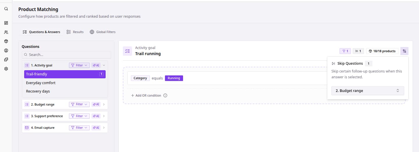 Selected answer settings with Skip Questions configuration in Product Matching.