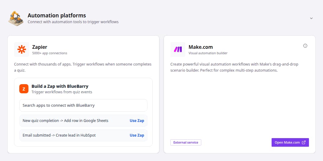 Automation platforms section showing Zapier workflow options.
