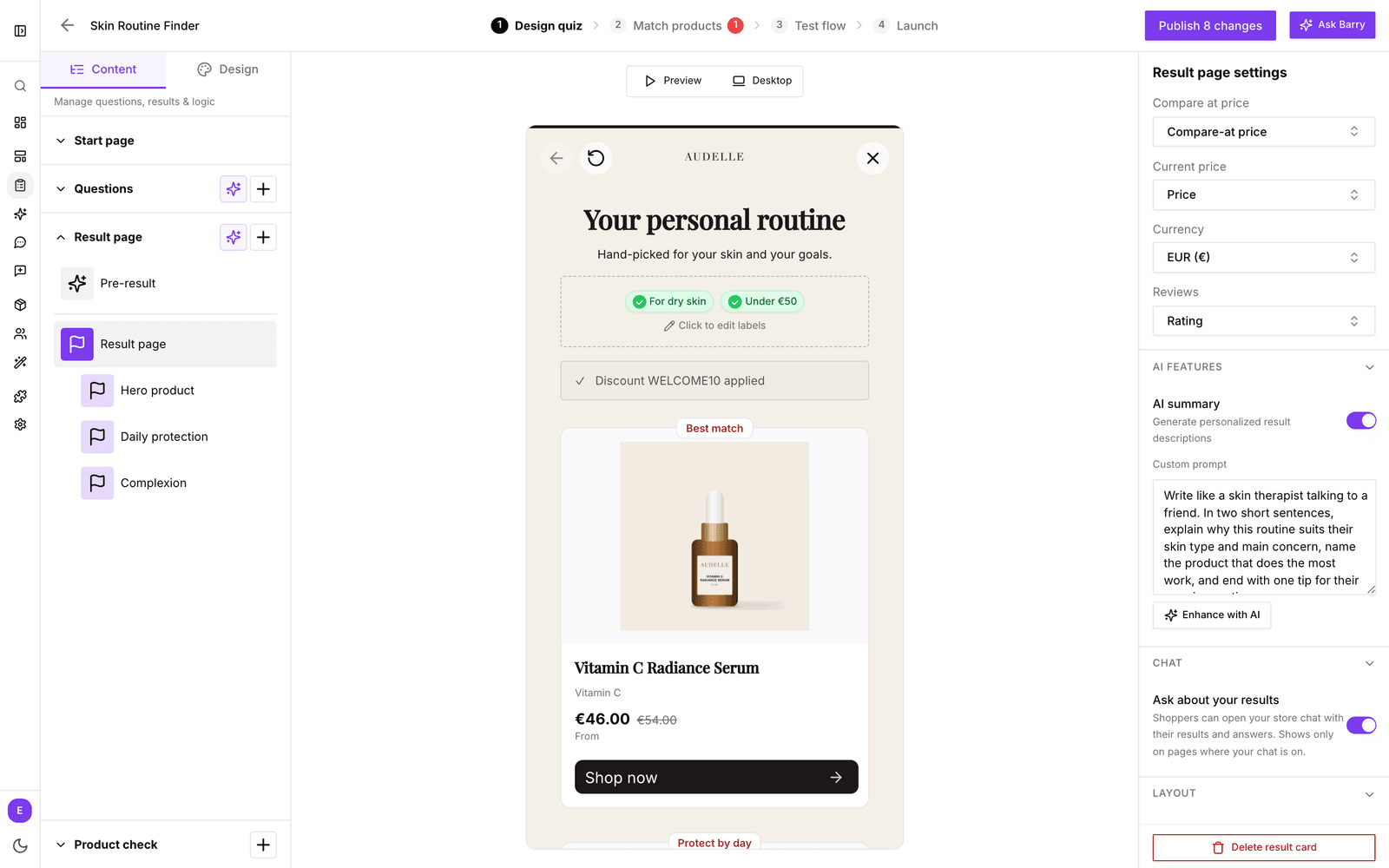 De instellingen van Result page met AI summary aan, een eigen prompt in het veld Custom prompt en de knop Enhance with AI eronder