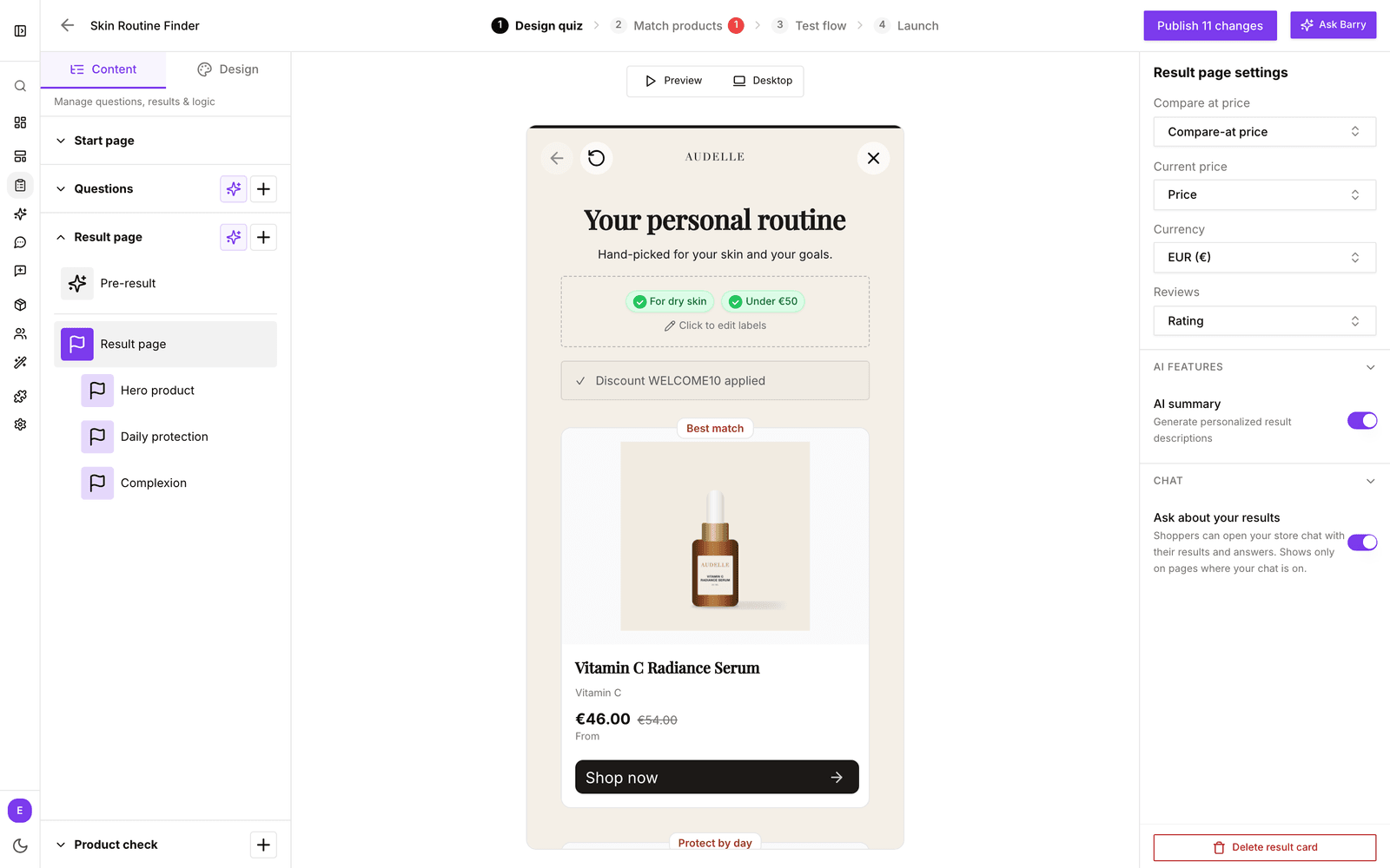 De quizeditor op Design quiz met de instellingen van Result page open: Compare at price, Current price, Currency, Reviews, AI summary en Ask about your results