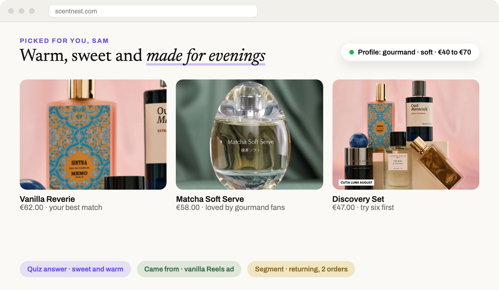 A ScentNest store front personalized for one shopper from their quiz answer, ad and orders