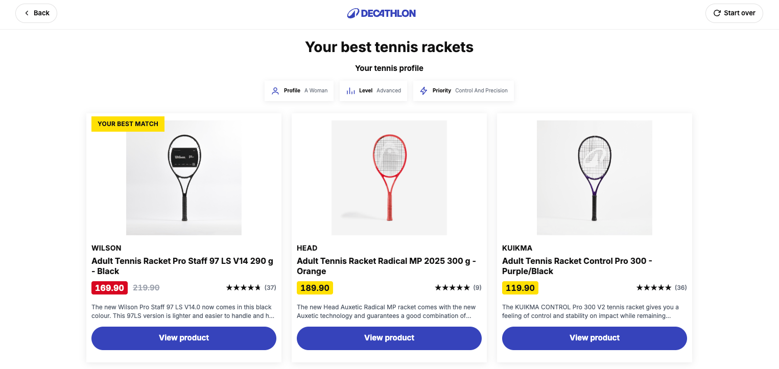 Decathlon tennis racket finder result page showing a best match and two alternatives based on the shopper's profile