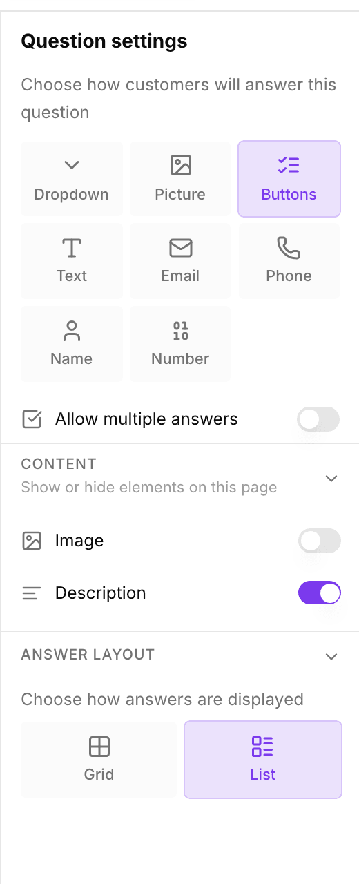 Question settings met de acht vraagtypen: Dropdown, Picture, Buttons, Text, Email, Phone, Name en Number