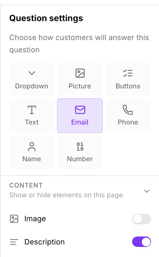 Question settings van een vraag van het type Email met het onderdeel Discount code open, met de code, Auto-apply on Shopify en Discount amount