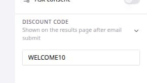 Email question settings panel with a discount code field and auto-apply toggle.