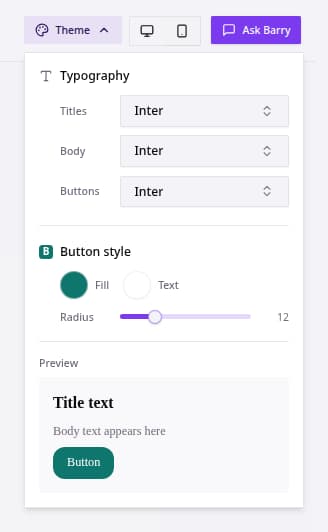 Landing page theme panel with typography and button style controls.