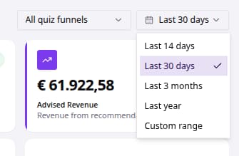 Dashboard filter controls for quiz funnel and date range.