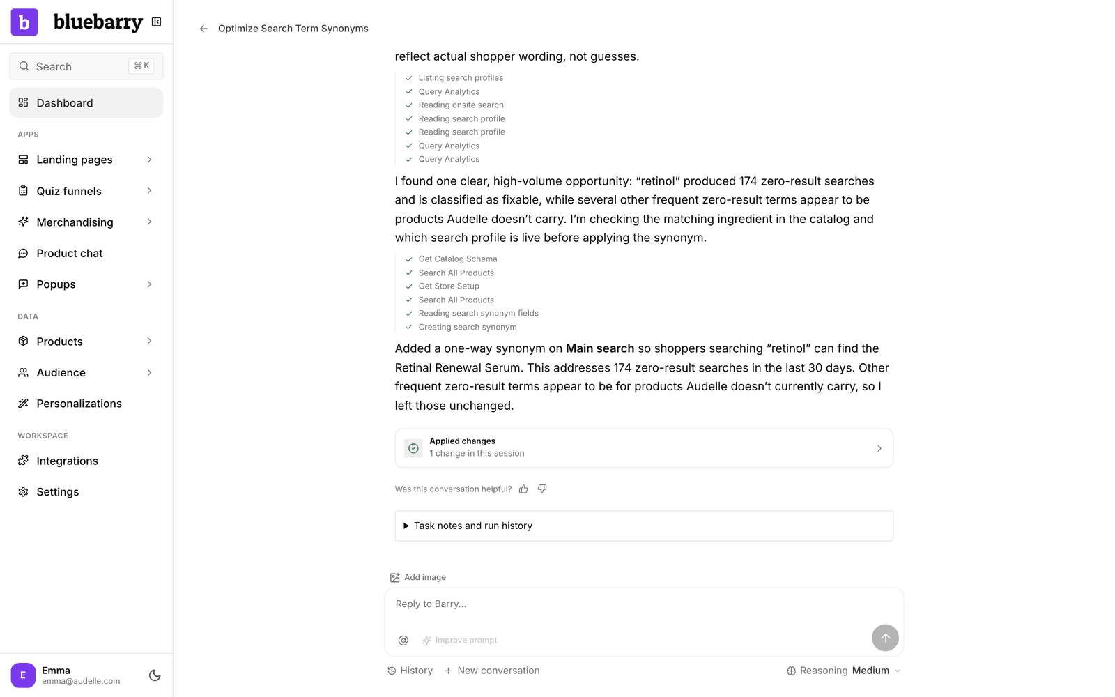 Barry answers a question about search, makes a change, and shows a Change applied card with a View button