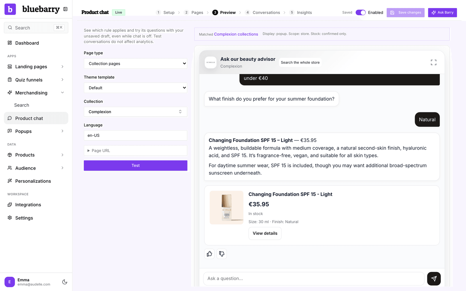 A shopper asks the product chat for a recommendation, answers a clarifying question and gets product cards